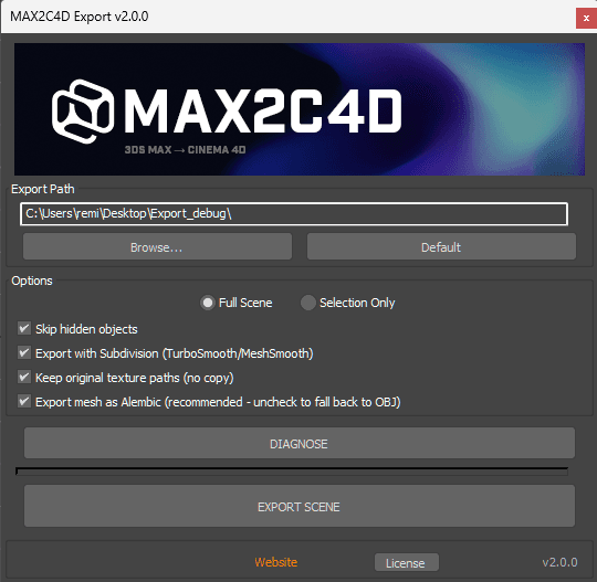 MAX2C4D Export dialog v2.0.0 in 3ds Max: export path, scene options including Export mesh as Alembic, DIAGNOSE and EXPORT SCENE buttons