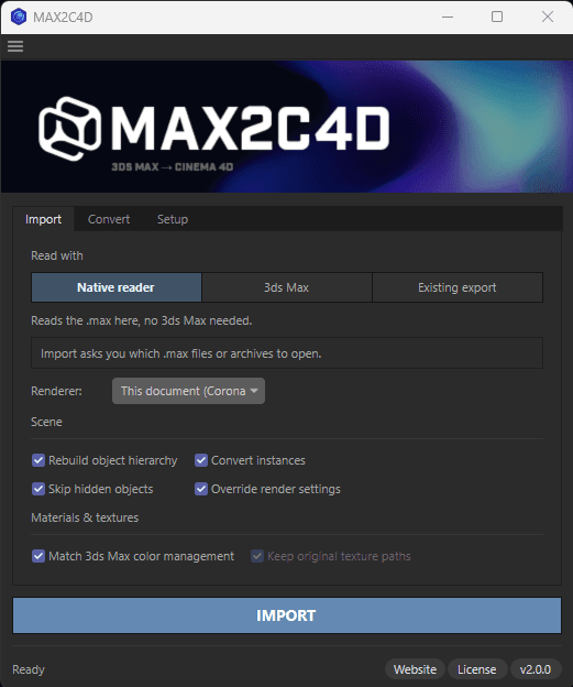 The MAX2C4D window in Cinema 4D, with Import, Convert and Setup tabs along the top